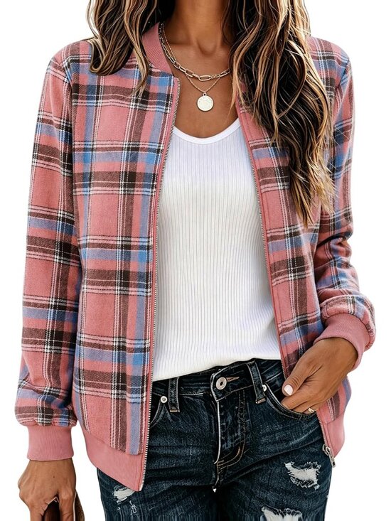 Jackets & Blazers - Women's Pink Plaid Lightweight Bomber Jacket Flannel Coat with Pockets Zip Up